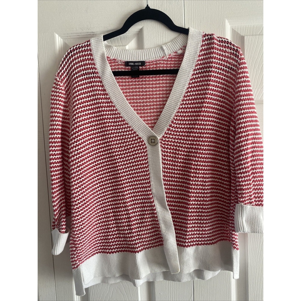 Spring And Mercer Women's XL Pink White Knit Sweater Single‎ Button Cardi